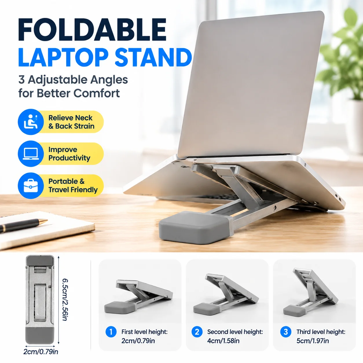Foldable Laptop Stand with 3 Adjustable Angles, Portable Mini Elevator Riser, Invisible Vertical Suspension Holder for Notebook
