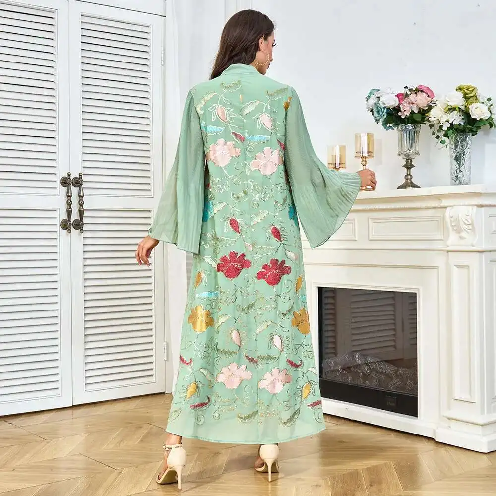 Mode nouvelle broderie paillettes gland décoré Robe Robe musulmane longue Robe plissée à manches longues Robe Islam élégant