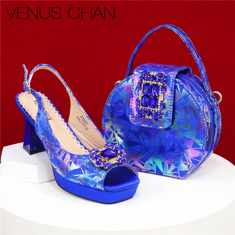

2025 Summer New Design Special Italian Women Heel Shoes and Bags Set Royal Blue Color Comfortable Heels With Rhineston