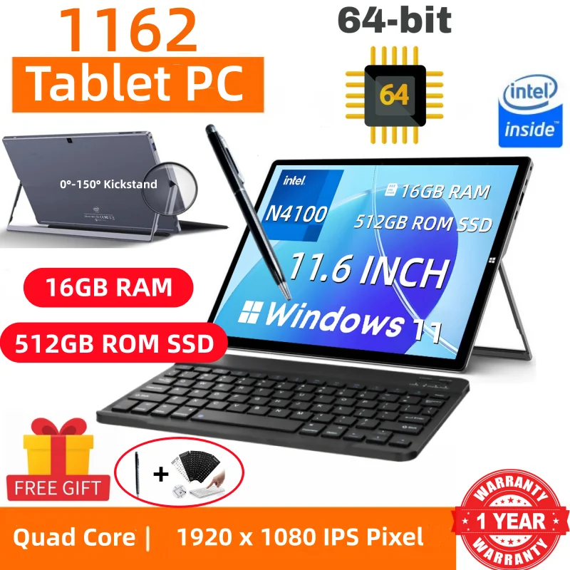 16 جيجابايت رام 512 جيجابايت SSD ROM 11.6 بوصة Windows 11 الكمبيوتر اللوحي 64 بت معالج Intel Celeron N4100 1920 x 1080 بكسل 2 x USB 3.0 Type-C Port