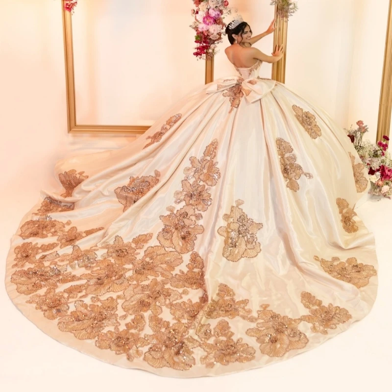 Champagne Quinceanera robes hors de l'épaule Applique dentelle perles cristal tulle Corset fête anniversaire doux 16 robe robes
