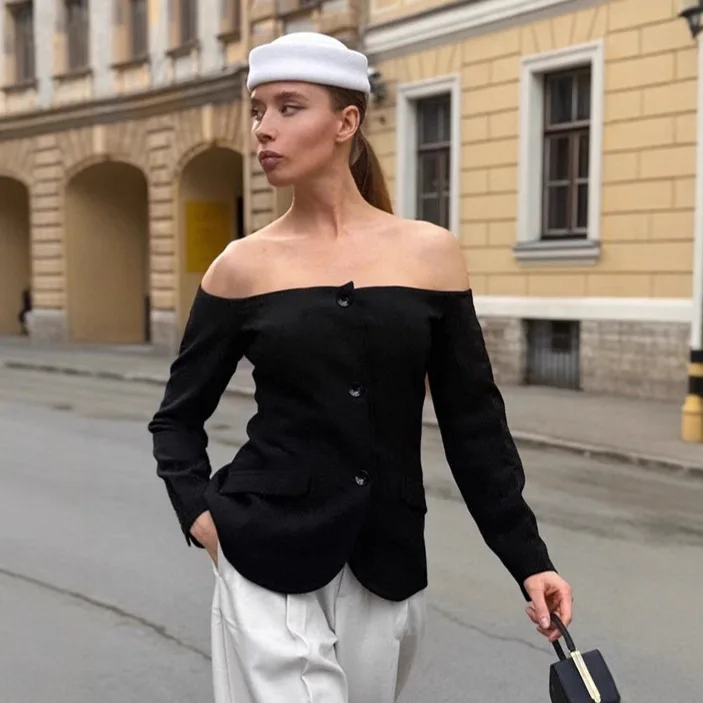 

Осенняя женская футболка с открытыми плечами, однобортное пальто с длинными рукавами и вырезом на шее для женщин, облегающее женское пальто с завязкой талии