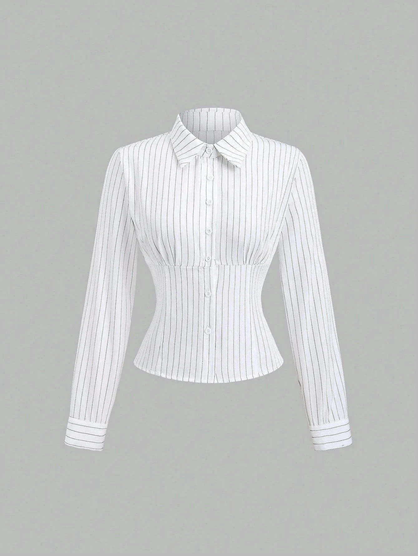 Women's Elegant Textured Button Fitted Waist Striped Long Sleeve Shirt Black Lady Office Single-breasted Crop Shirt Spring/Fall 59 S749587f826a44b58a2fecedb0b079ad9a