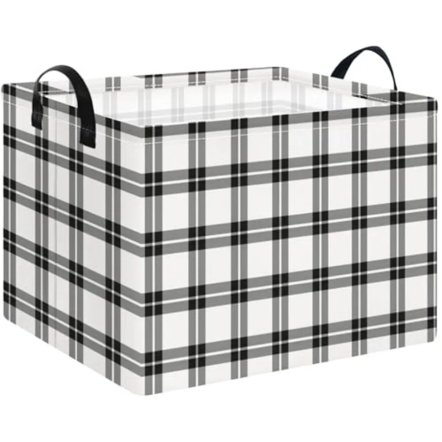 

Storage Plaid Basket, Laundry Hamper with Handles, Foldable Linen Canvas Organizer with Waterproof Lining 24L Grey White Plaid