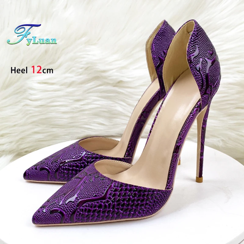 

Purple High Heels For Women Side Empty Elegant Banquet Party Shoes Summer Pointed Toe Snake Pattern Sandals 6.5CM 8CM 10CM 12CM