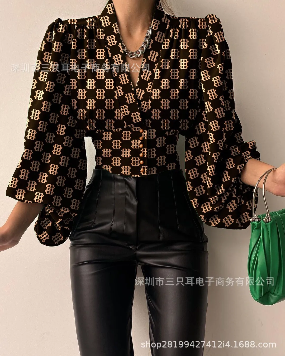 Women Sexy Wrap Deep V-Neck Blouse Vintage 1950s Lantern Long Sleeve Solid Color Buttons Up Slim Fit Cropped Shirts