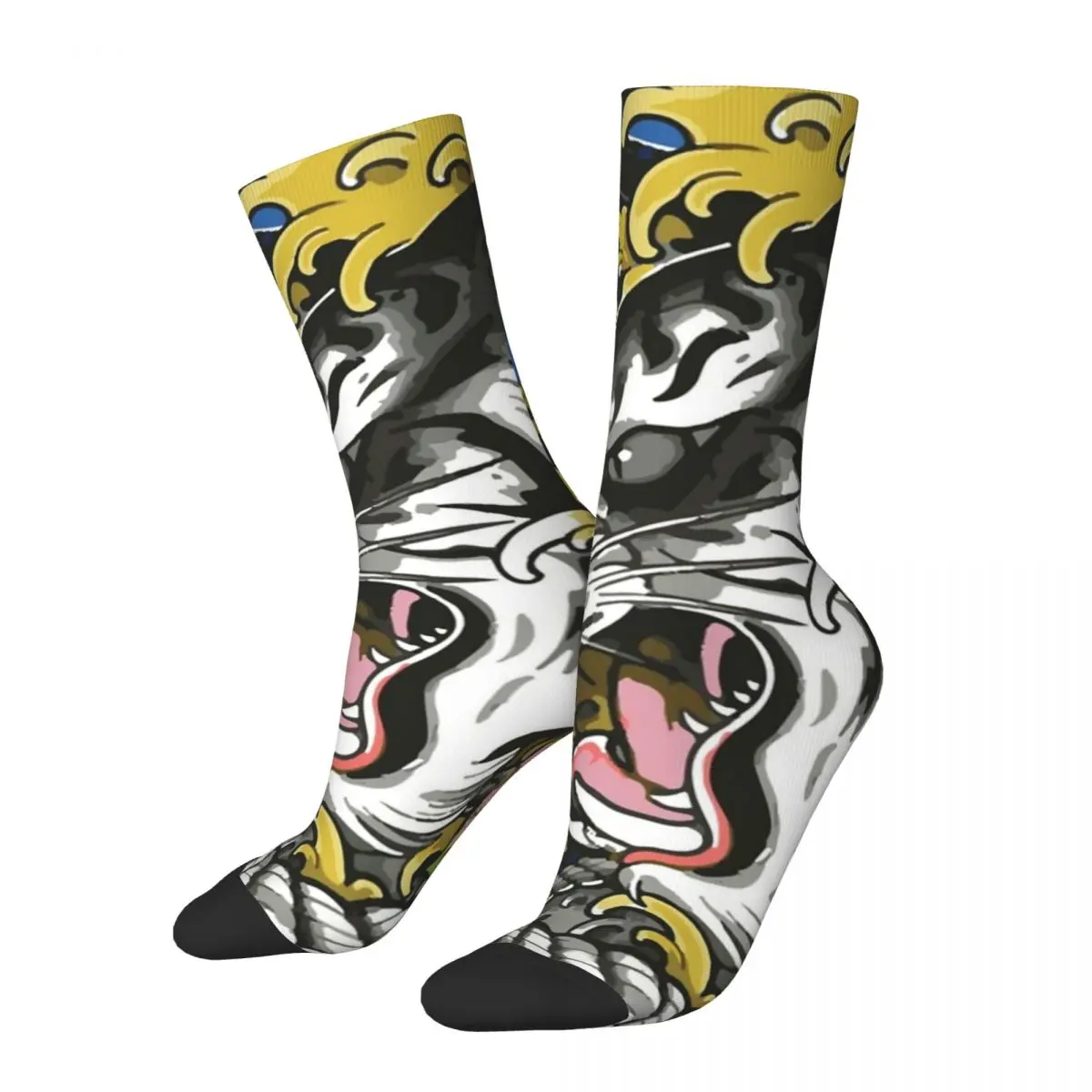 Funny Crazy Compression Sock for Men Tiger Hip Hop Vintage Tatto Happy Seamless Pattern Printed Boys Crew Sock Casual Gift