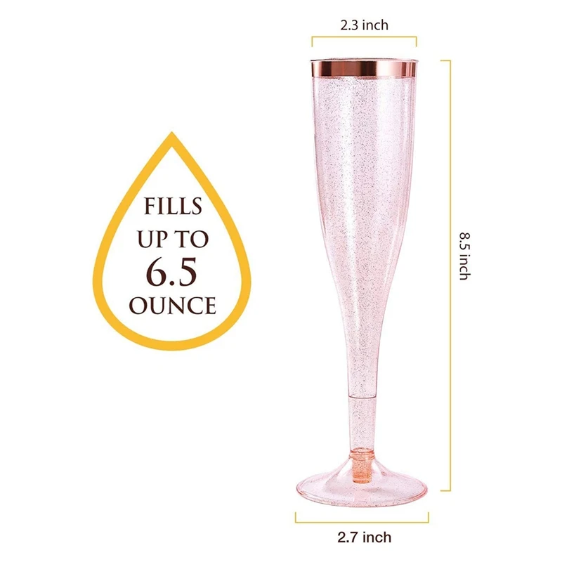 Plastic Champagne Flutes With Rose Gold Glitter And Rose Gold Rim Reusable Disposable Mimosa Glasses For Party