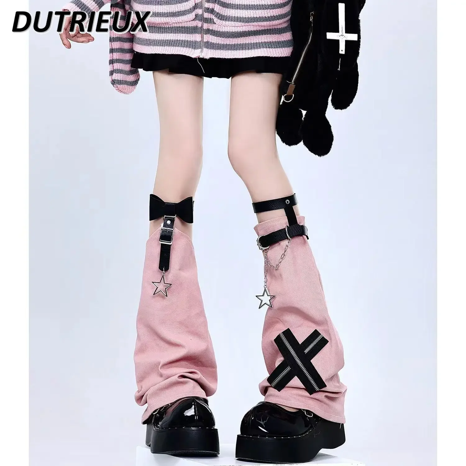 

Y2k Cross Chain Leather Ring Leg Warmer Female Hot Girl Pink Personality Punk Pile Style Foot Sock JK Sweet Leg Warmers