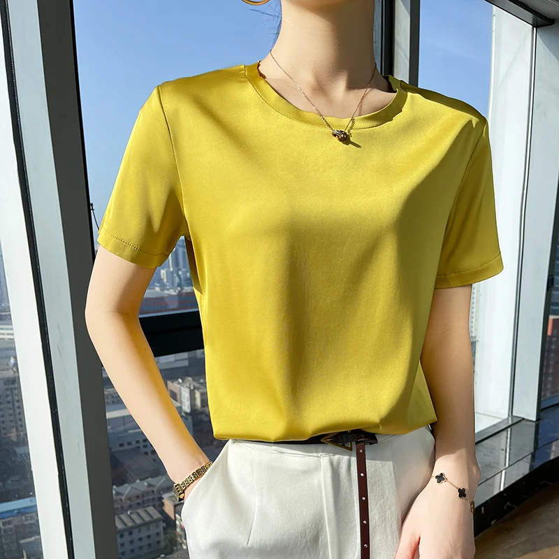 Silk Women's T-Shirts Summer O-Neck Short Sleeve Tees Casual Solid Color Bottom Basic T-Shirt Loose Female Tops Pullover Clothe