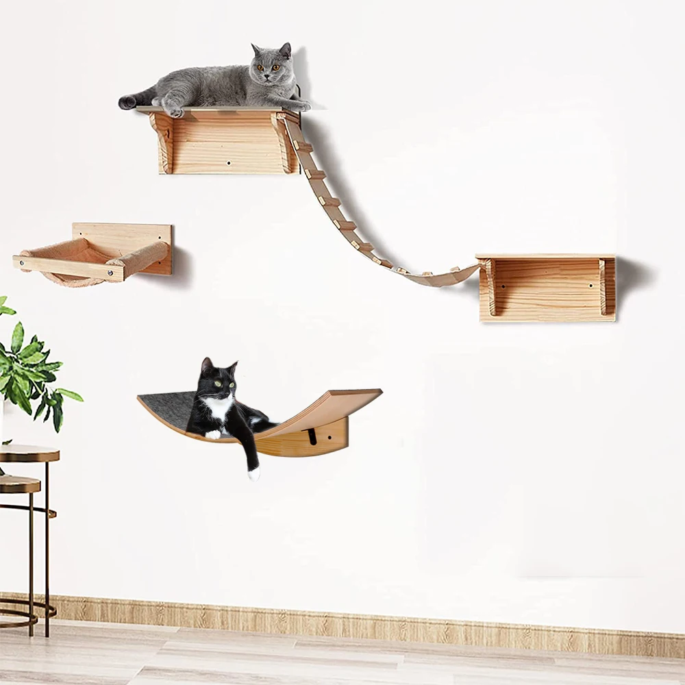 Hamaca para gatos montada en la pared, plataforma de salto para descanso con poste rascador para escalar y moler garras, suministros para gatos, 1 unidad