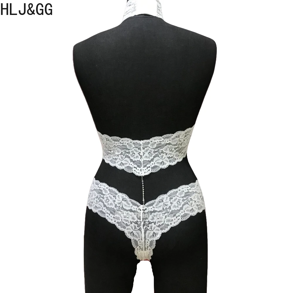 HLJ&GG Sexy Lace See Though Halter Detachable Rhinestone Bodysuits Women Sleeveless Backless One Piece Rompers Clubwear 2025 New