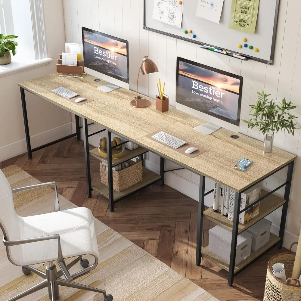 

L-shaped desk, flip corner computer desk or 2-person long desk with adjustable bookshelf, large writing desk