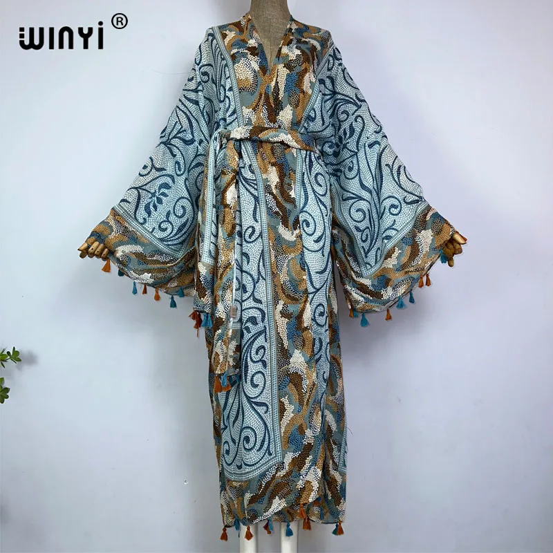 

WINYI kimono beach summer abstract print Bikini Cover-up with belt Sexy Cardigan Holiday long Sleeve cotton feeling maxi dress