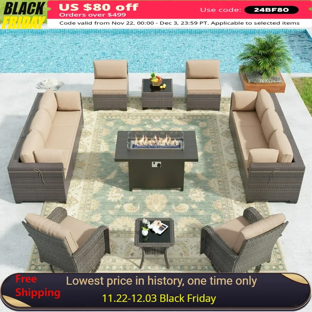 

13 Pieces Outdoor Patio Furniture Set with Gas Propane Fire Pit Table,PE Wicker Rattan Sectional Sofa Patio Conversation Sets