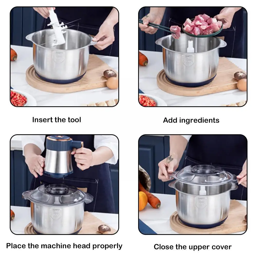 Electric Meat Grinder Food Chopper Mincer Vegetable Masher Stainless Garlic Baby Steel Crusher Shredder Cooking Food Fruit F6a1