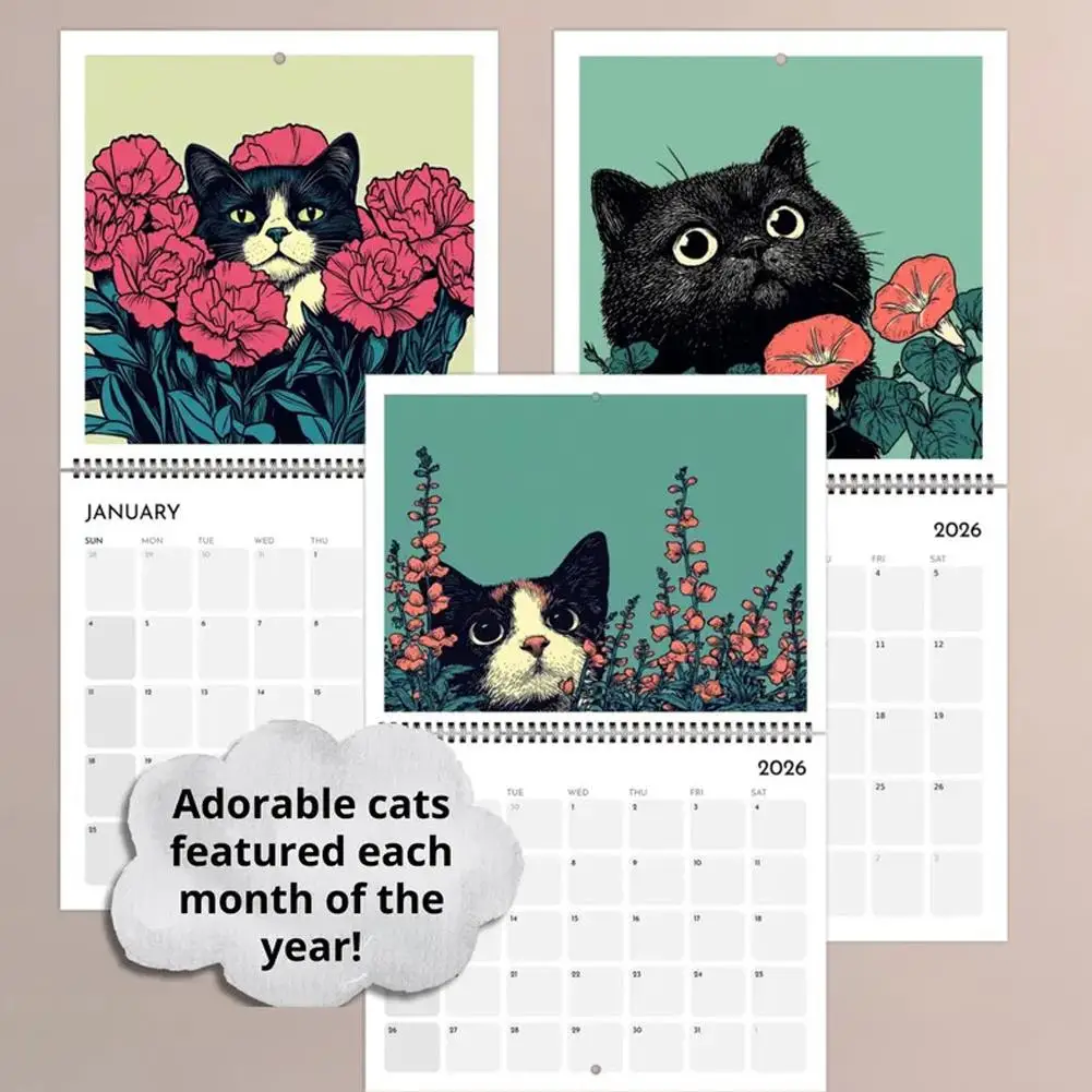 2026 Cat Flower Calendar Cute Funny Cat Pattern 2026 Desktop Wall Calendar Spiral Bound Home Office Decor Daily Planner