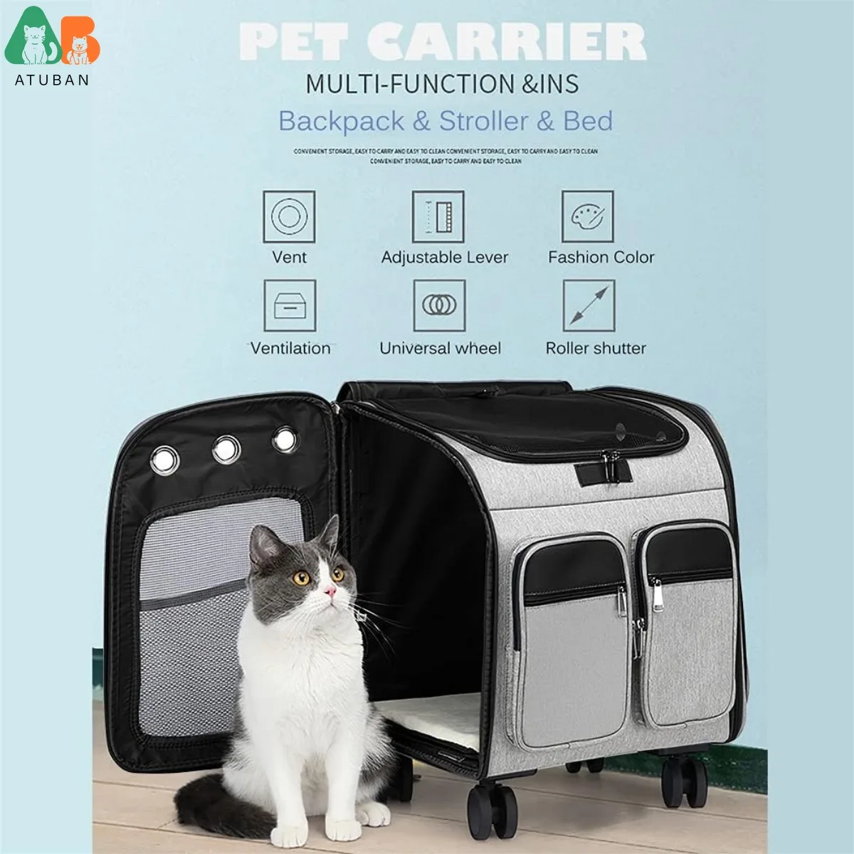 ATUBAN Wheeled Pet Carrier Backpack Pet Stroller, Travel Carrier, Car Seat for Small Dogs Cats Puppies, Comfort Cat Backpack