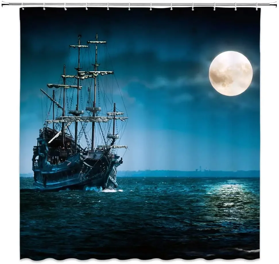 Tropical Ocean Full Moon Sea Water Fantasy Night Scenery Decor Blue Fabric Bathroom Curtains