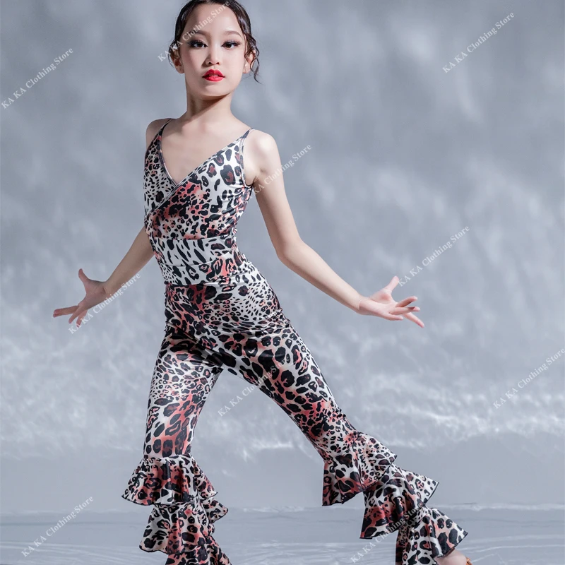 Rumba Leopard Latin Dance Dress Girls Competition Chacha Tango Salsa Latin Dance Stage Dress Showgirl Latin Dance Skirt Child
