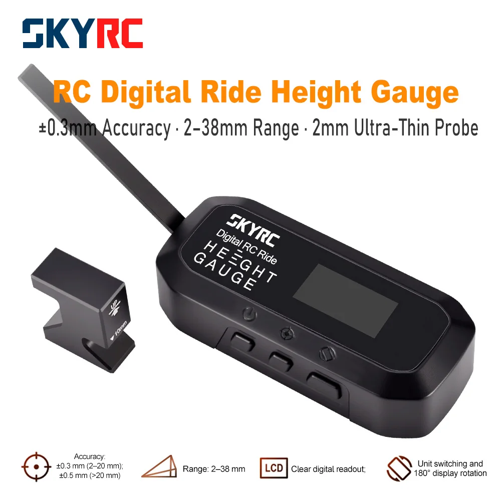 

SkyRC RC Ride Height Gauge Digital 0.1mm Precision 2–38mm Range for 1/24 1/10 1/8 Cars with Rotating Display Calibration Tool