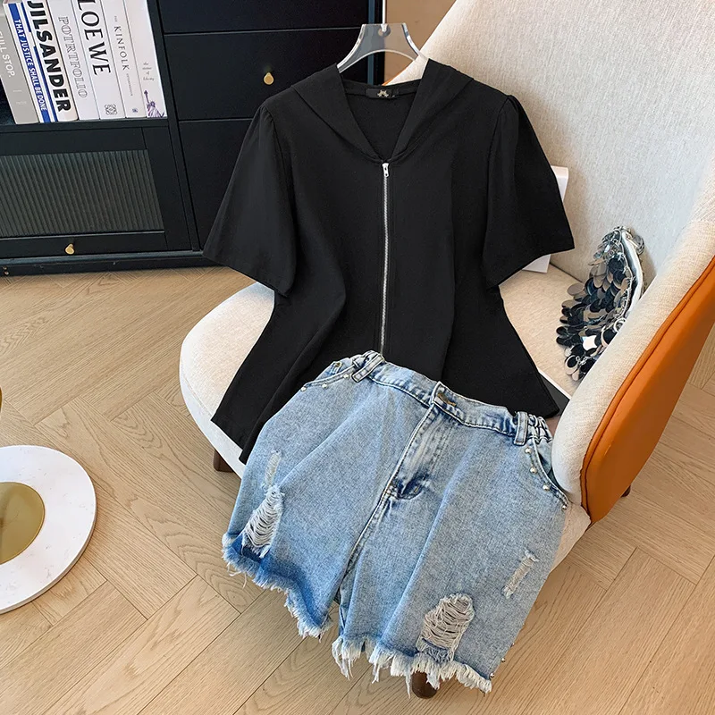 150Kg Plus Size Women's Bust 149 Summer Loose Short Sleeved Irregular Hooded Cardigan Shirt & Denim Shorts Two-Piece Set 8XL 9XL