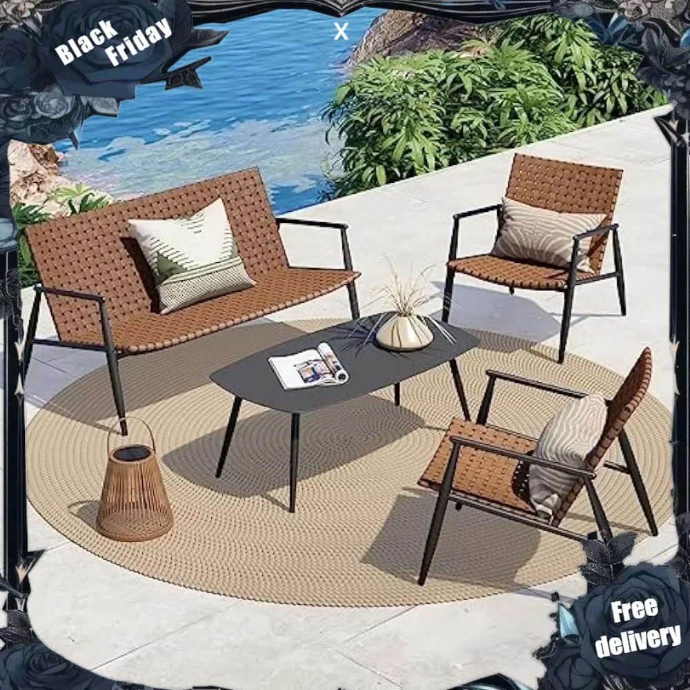 Weather Resistant Patio Conversation Set, Vintage Brown Wicker Chairs Loveseat