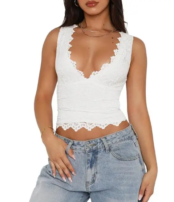 

Women's Clothing 2025 Summer Y2K Spicy Girl Style Lace Border T-Shirt Vest Sexy Tight V-Neck Fashionable and Elegant Top