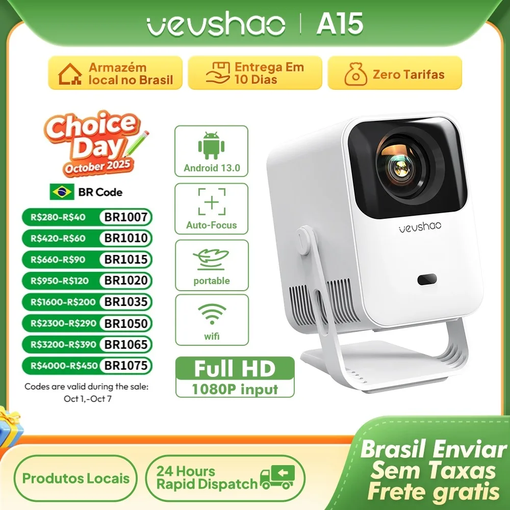 Vevshao A15 Projetor Inteligente Portátil Android 13 Projetor Dual WiFi Auto Keystone Focus Pocket Beamer Home Reunião Video Cinema