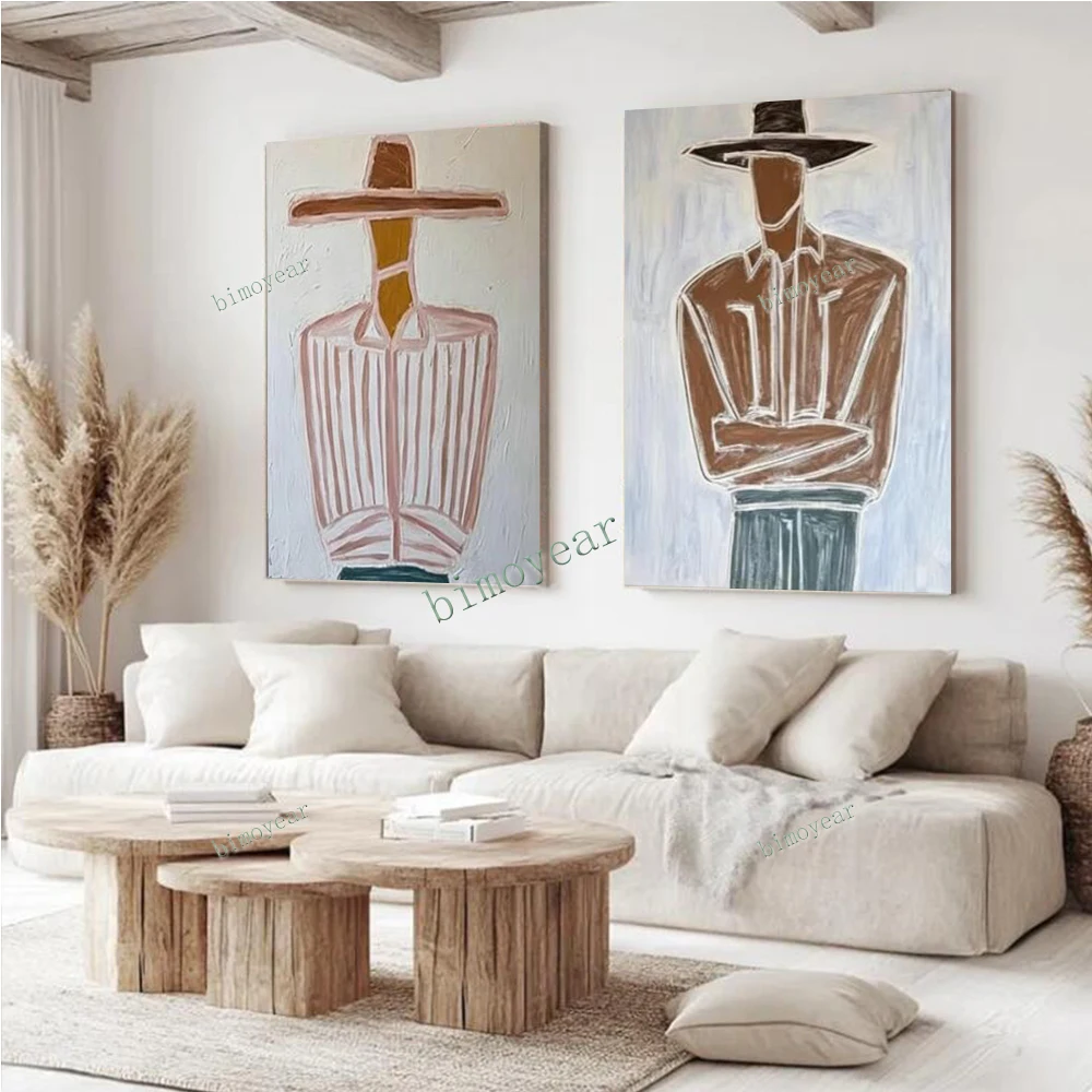 Western Abstract Figure Themed Paintings Collection on Canvas - Cowboy Men And Women Depictions - Two Sets of Abstract Artwork