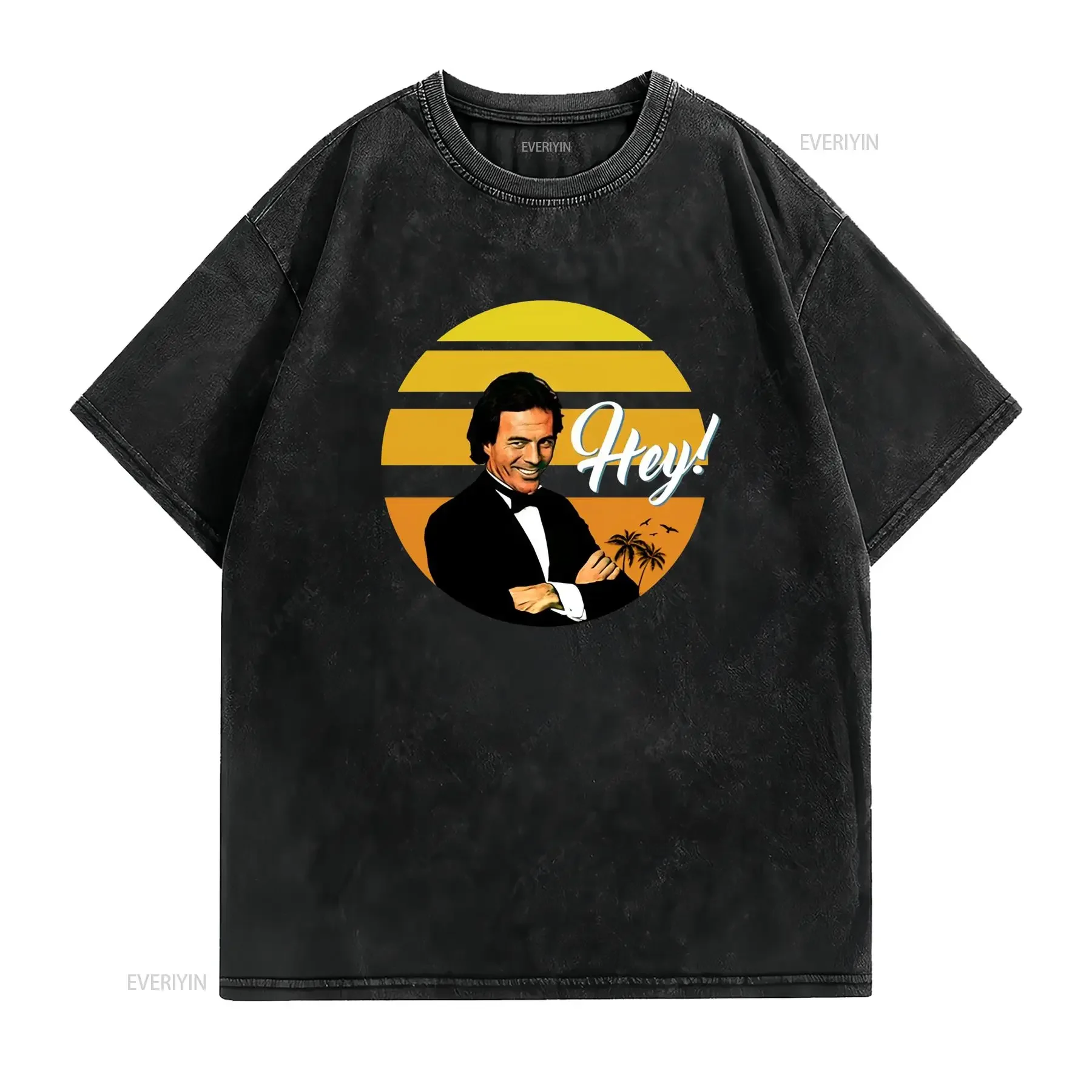 Retro Vintage Funny Hey Meme Julio Iglesias Sunset Palm Tree Print Casual T Shirt vintage Washed streetwear Unisex Comfortable