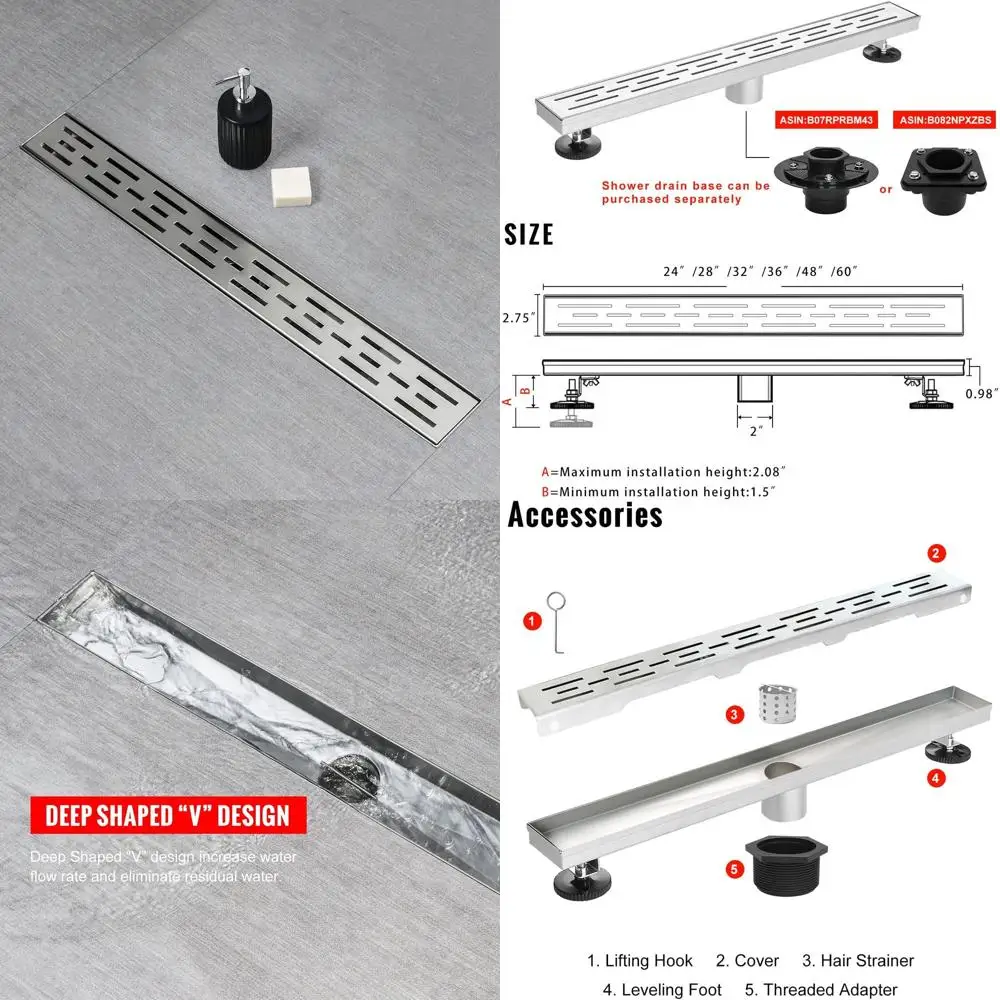 

Линейный душевой трап High Flow 24 дюйма со съемной решеткой, из матовой нержавеющей стали 304, с фильтром для волос и регулируемыми ножками