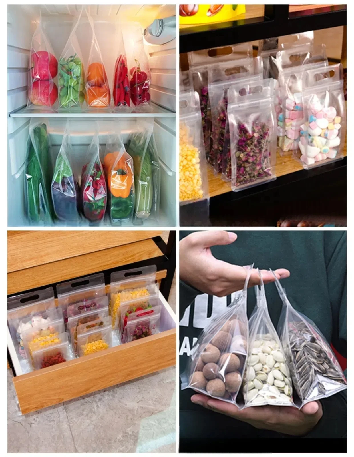 10/50 Stück Lebensmittelverpackungen, Druckverschlussbeutel, transparent, mit Griff, aufstehend, versiegelt, für die Aufbewahrung von Süßigkeiten, Nüssen, wiederverwendbarer Druckverschlussbeutel – Detail 6