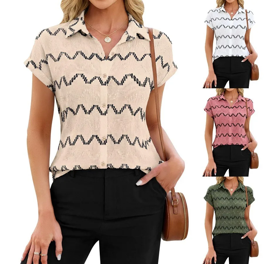 

Women's Blouse Short Sleeve Cream Jacquard Blouses Loose Geometric Button Up Shirt Collar Textured Casual Shirt