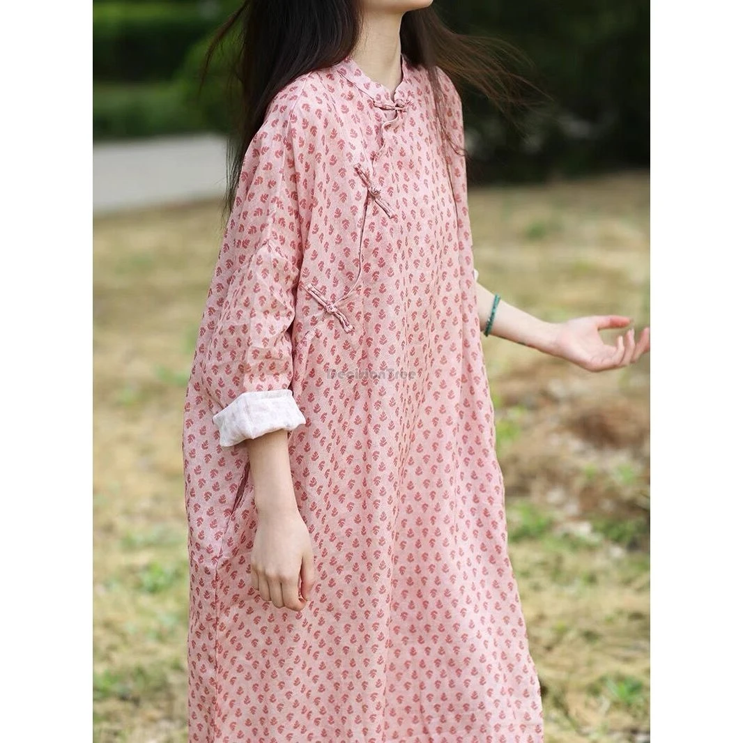 

2025 spring and summer chinese ethnic style women cotton linen printed improved long sleeve stand collar loose cheongsam dress