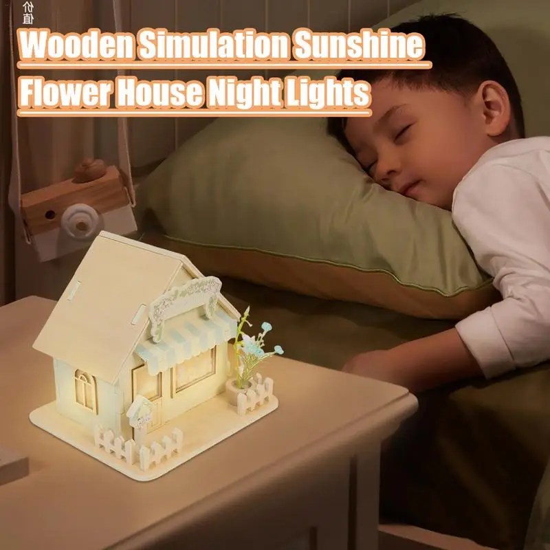 Wood Night Light Nightstand LED Night Lamp Wooden Cottage Shape Doll House Model Night Light Bedroom Table Lamp For Desk Bedside