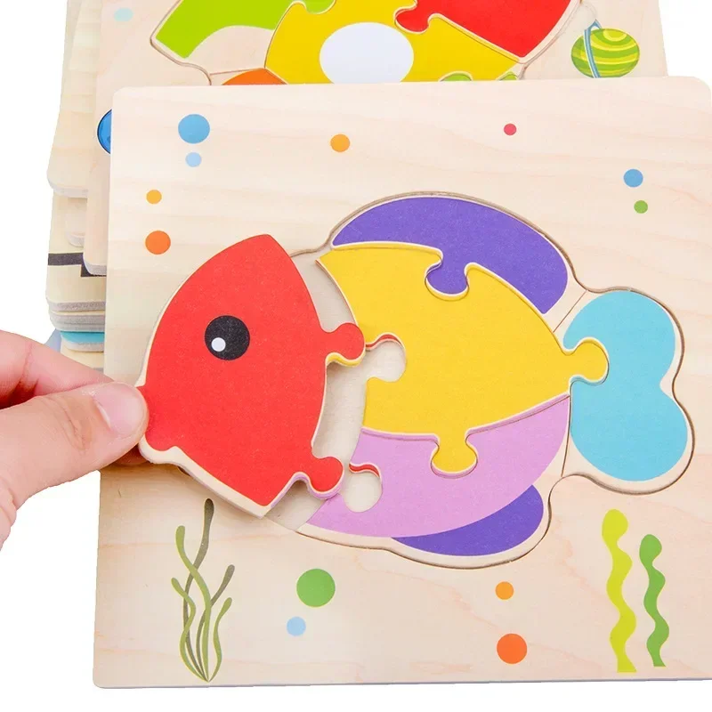 Puzzles 3D en bois pour bébé, Tangram fait saillie, jouets de puzzle d'intelligence animale de dessin animé, cadeau d'apprentissage pour enfants, mignon