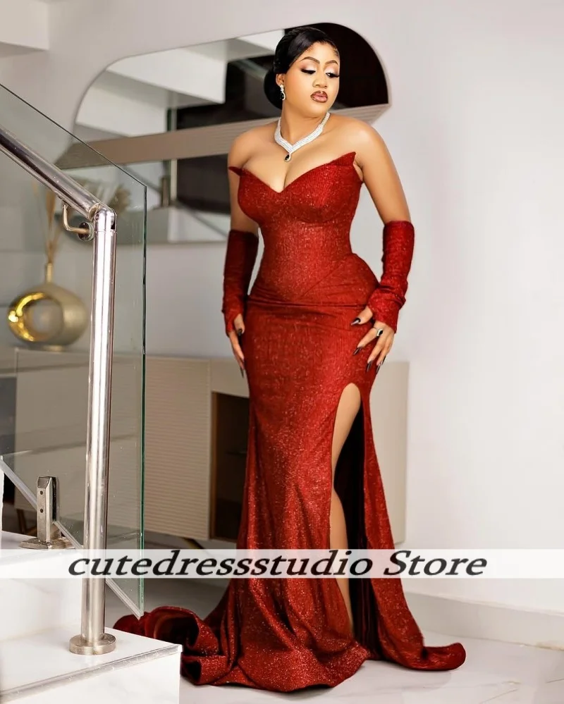 ชุดราตรีสีแดงประดับเลื่อมสำหรับสาวผิวสี ชุดเดรสทรงเมอร์เมดผ่าสูงสำหรับงานแต่งงาน งานปาร์ตี้ ชุดราตรียาวแบบคอวี ชุดพรอมหรูหราสั่งตัดได้