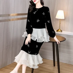 2024 Women Korean Elegant Luxury Two Piece Sets Autumn Winter Black Velvet Patchwork Mesh Top Coat+Half Length Skirt Kawaii Suit