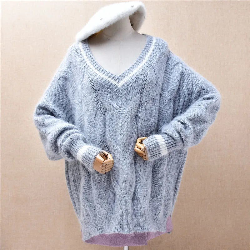 

Women Mujer Fall Winter Fashion Grey Jacquard Hairy Mink Cashmere Knitted V-Neck Long Sleeves Loose Angora Sweater Jumper Pull