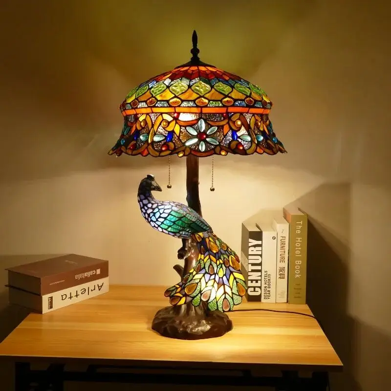 Tiffany Colorful Peacock Table Lamps D46cm H78cm Luxurious Ancient Garden E27 Bedside Lamps Living Room Decoration Bedroom