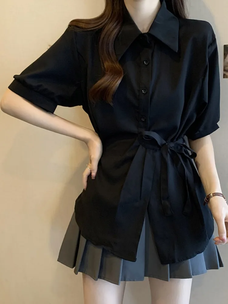 

French Oversized Blouses Lace-up Design Solid Color Turn Down Collar Short Sleeve Shirts Summer Female Slim Women Clothing 2025