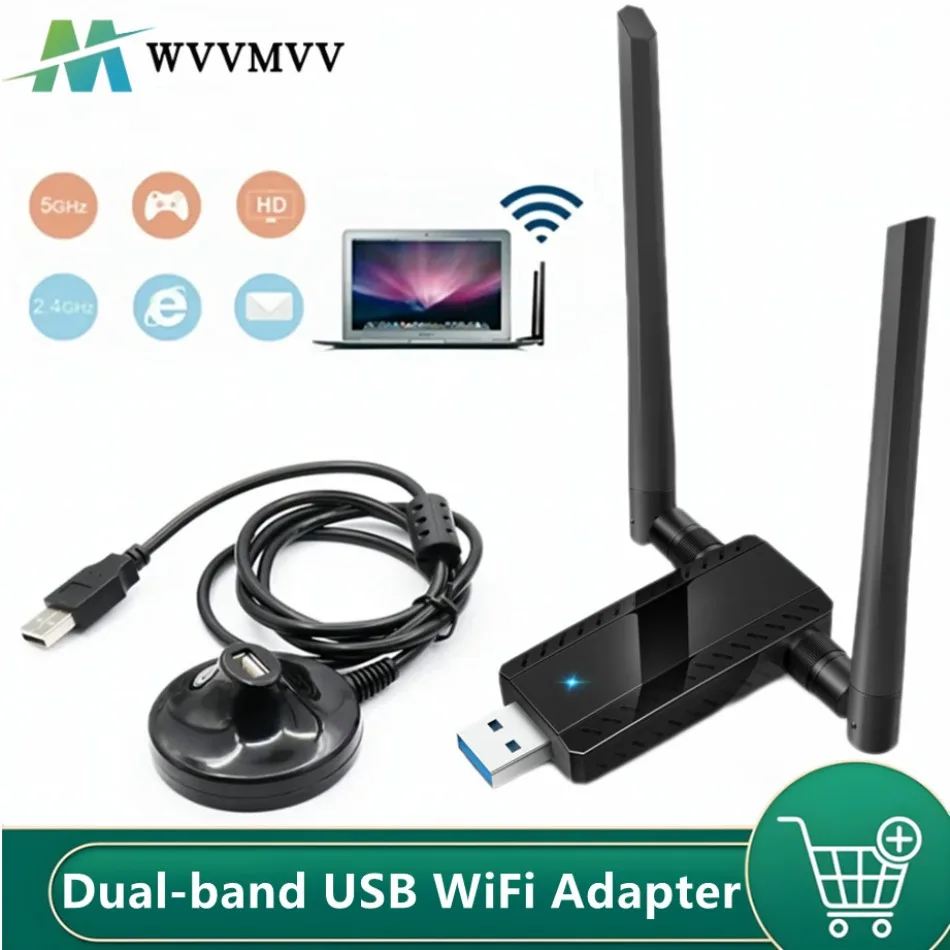 

USB Wi-Fi адаптер 1200 Мбит/с, двухдиапазонный USB Wi-Fi адаптер 2,4G+5G, беспроводная сетевая карта, Wi-Fi передатчик 802.11AC, Wi-Fi адаптер с двумя антеннами