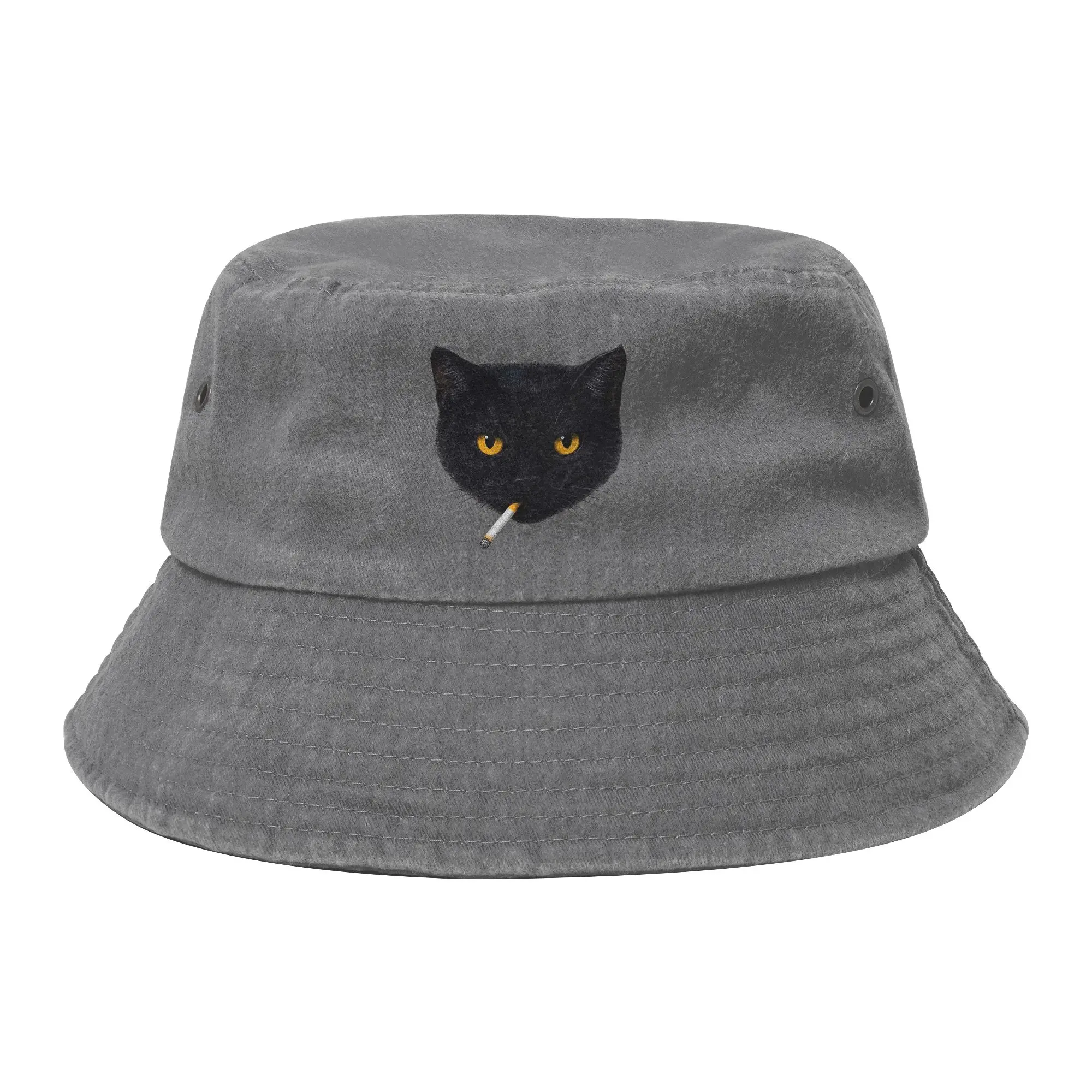 Women Men Bucket Hats Smoking Cat Vintage Black Cat 90s Vocation Getaway Headwear Lightweight Outdoor Fishing Caps  Bob
