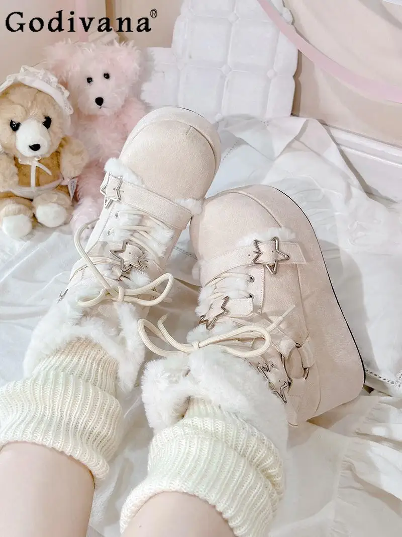 

Japanese Original Lolita Winter Fleece-Lined Snow Boots Round Toe Thick Sole Sweet Cool Girl Furry Boots