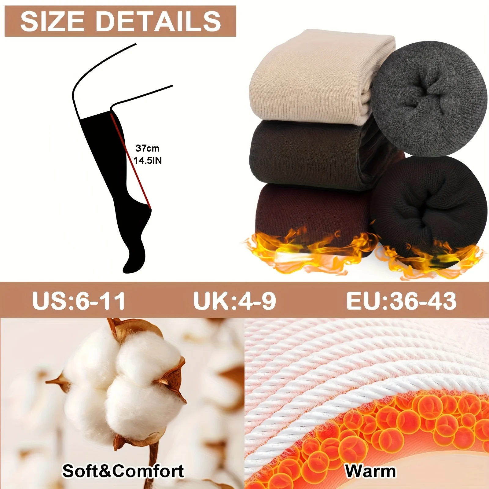 4 Pairs Warm Knee High Socks for Women, Soft Thick Stocking for Cold Weather, Thermal Womens Long Casual Winter Gifts Socks