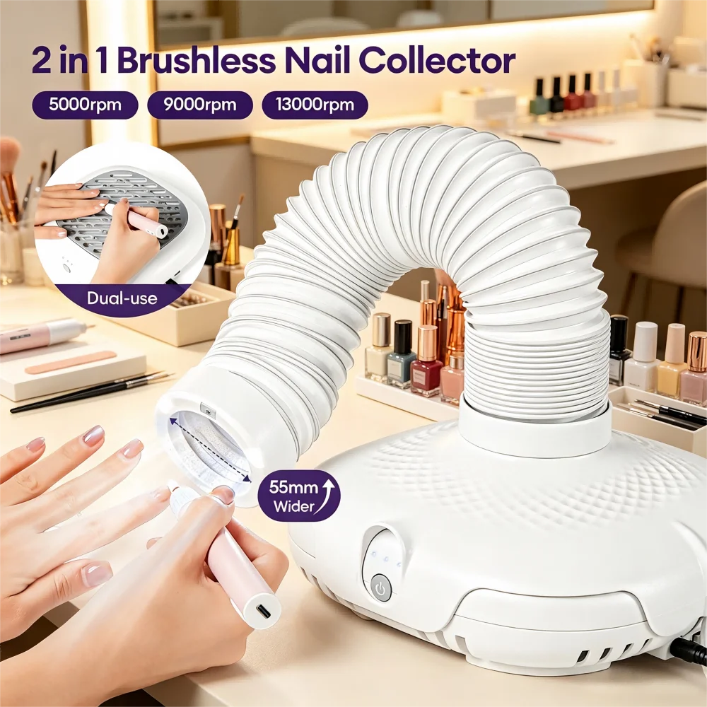 130W Brushless Double Use Nail Dust Extractor With Tube Elbow Nail Dust Collector Nail Art Manicure Powerful Vacuum Cleaner