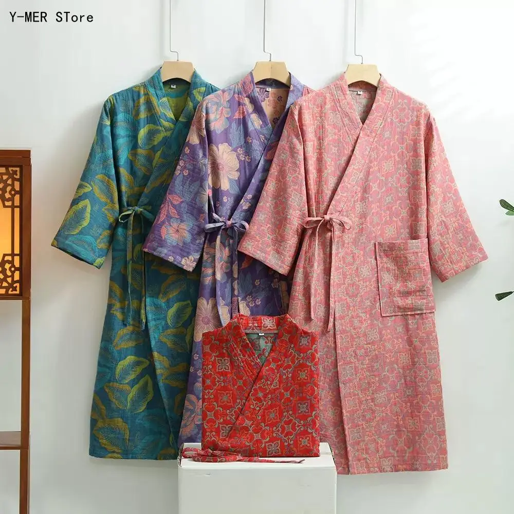 Spring Autumn Chinese Style Bathrobe Double Layer Gauze 100% Cotton Quick Dry Men Women Home Robe Loungewear Sleepwear 4