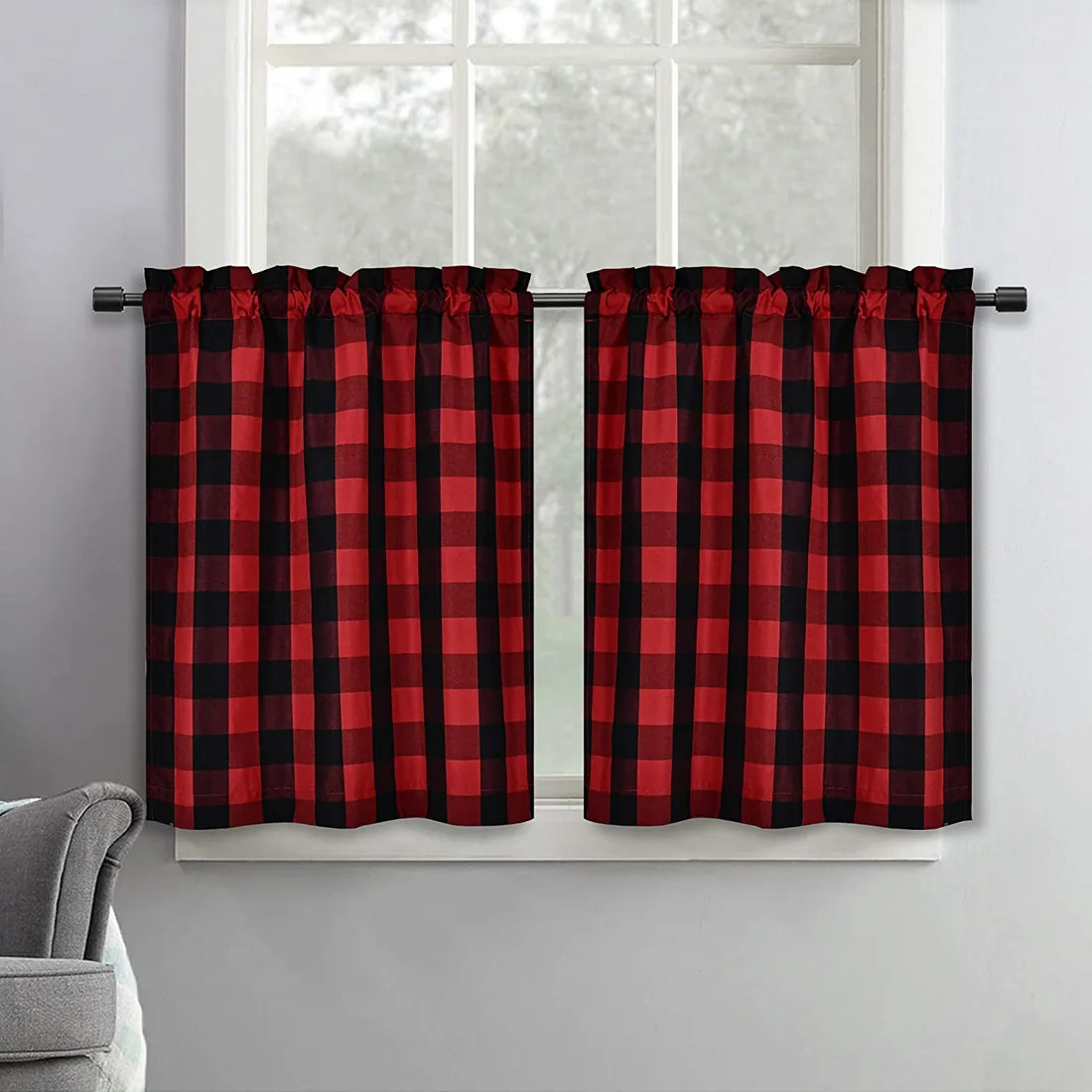 Plaid Gingham Tier Curtains, Buffalo Check Rod Pocket Short Window Curtains for Kitchen Cafe Curtains Bathroom Window Curtains