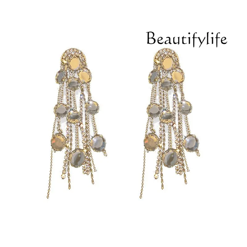 Light luxury diamond-set crystal long fringed earrings, European and American personality, advanced sense and exquisite